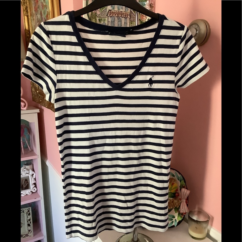Ralph Lauren polo top ladies med navy white stripe vneck